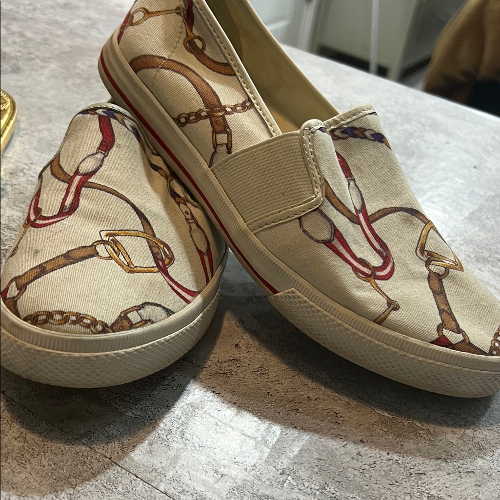 Lauren Ralph Lauren Cream Canvas Slip-On Flats With Red And Brown Chain Print